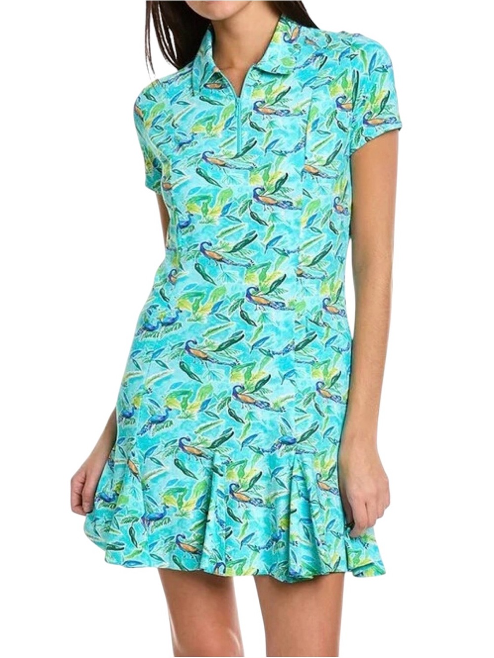 INKUL Teal Tropical Print Polo Dress with Ruffle Hem